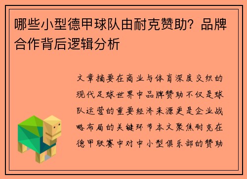 哪些小型德甲球队由耐克赞助？品牌合作背后逻辑分析