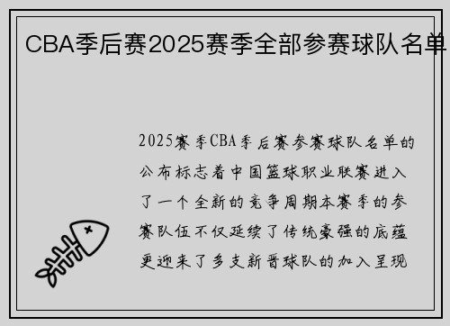 CBA季后赛2025赛季全部参赛球队名单