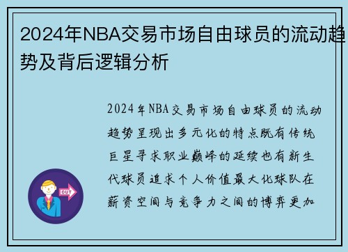 2024年NBA交易市场自由球员的流动趋势及背后逻辑分析